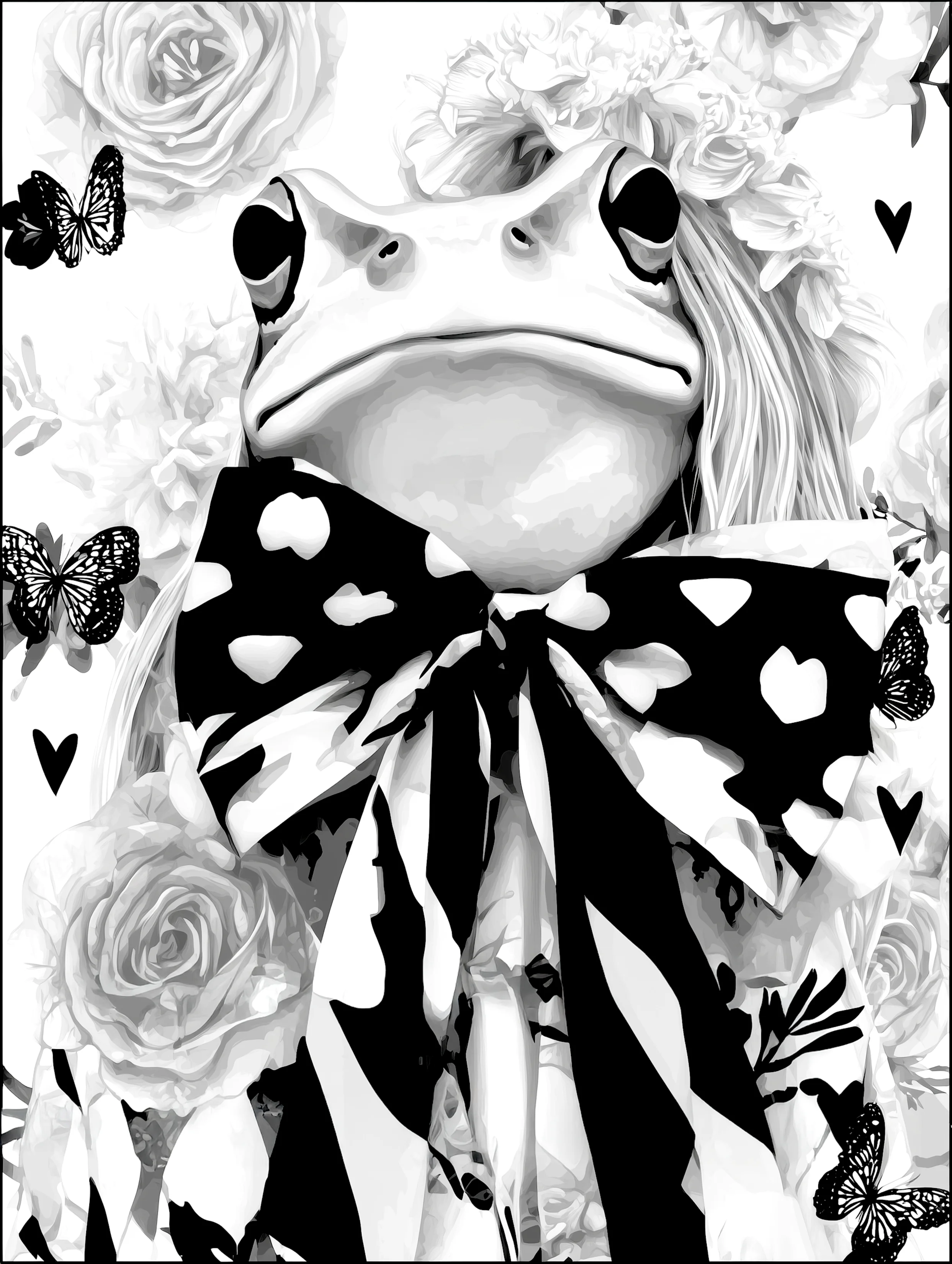 Free printable frog coloring page for adults featuring big ribbon frog